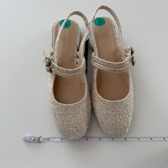 Tahari-NWT- Password-Tweed-Mary Jane-Sling Back-Buckle-Cream-Gold-Classic-Size 8 - Picture 15 of 16